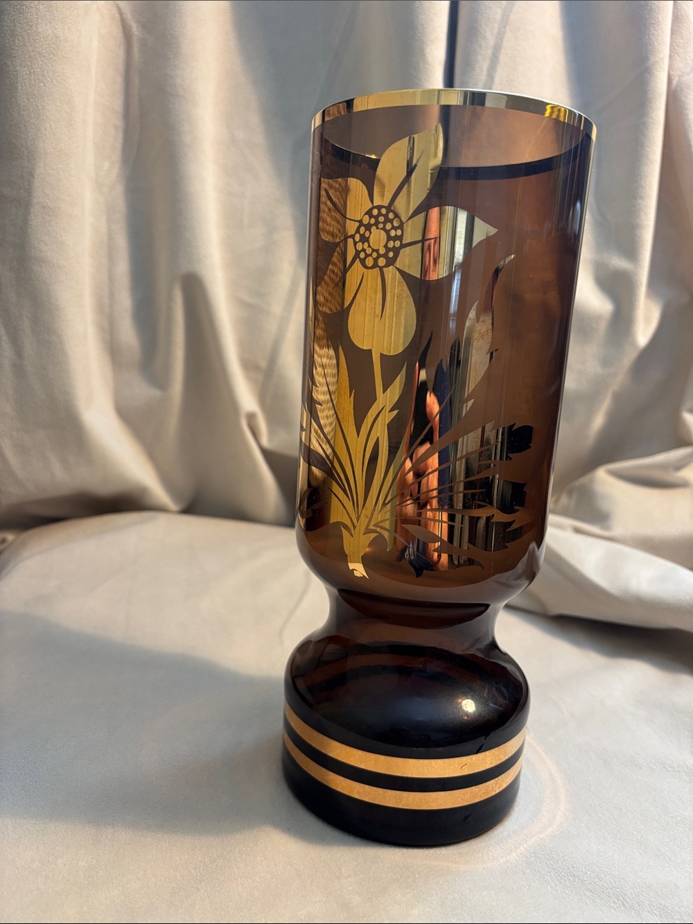 MCM Vase with Gold Floral Detail likely Czech Beautiful Smoky Glass Unique Shape